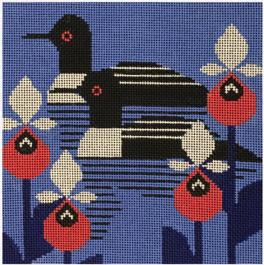 Scott Partridge needlepoint canvas of two loon birds swimming with flowers - geometric and stylized