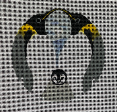 Scott Partridge for Vallerie Needlepoint Gallery round needlepoint canvas of two adult penguins facing each other with a baby penguin chick