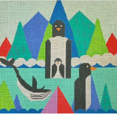 Suzie Vallerie for Vallerie Needlepoint Gallery bright and geometric needlepoint canvas of the Antarctic landscape with penguins and a whale