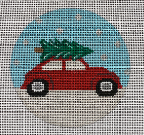 Suzie Vallerie for Vallerie Needlepoint Gallery round Christmas needlepoint canvas of a red VW bug in the snow with a Christmas tree on top