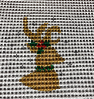 Vallerie Needlepoint Gallery round Christmas ornament needlepoint canvas of a gold reindeer with holly leaves and berries and a snowy background