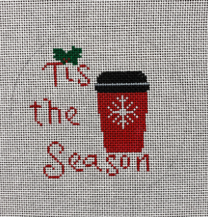 Vallerie Needlepoint Gallery round Christmas ornament canvas of a coffee cup that says "tis the season" with holly leaves