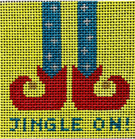 Vallerie Needlepoint Gallery Christmas needlepoint canvas of elf feet with jingle bels on the shoes with the phrase "jingle on!"