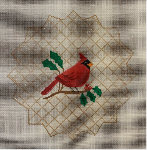 Vallerie Needlepoint Gallery needlepoint canvas of a cardinal on a holly branch with berries on a gold diamond background designed to be a tree topper for Christmas
