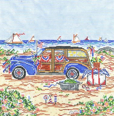 Cooper Oaks needlepoint canvas of a vintage woody car with patriotic bunting on the beach with sailboats in the background
