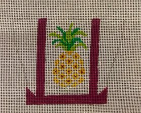 Vallerie Needlepoint Gallery needlepoint canvas of a tiny canvas tote bag with purple trim and a pineapple for a tropical vibe