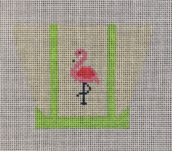 Vallerie Needlepoint Gallery needlepoint canvas of a canvas tote bag with lime green trim and a flamingo for a tropical vibe