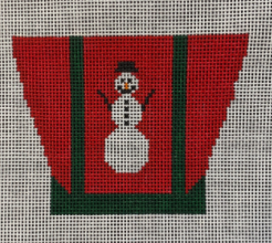 Vallerie Needlepoint Gallery Christmas and winter needlepoint canvas of a tiny canvas tote bag in red with green trim and a snowman