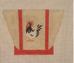 Vallerie Needlepoint Gallery needlepoint canvas of a tiny canvas tote bag with red trim and a rooster - finishes as a 3D tote bag
