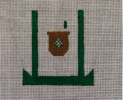 Vallerie Needlepoint Gallery needlepoint canvas of a tiny canvas tote bag with green trim and a Starbucks frappuccino drink - finishes as a 3D tote bag