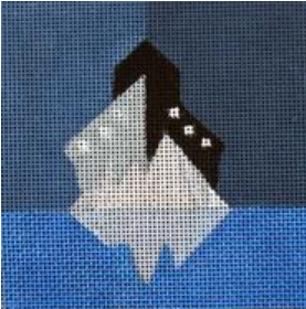 Melissa Prince needlepoint canvas movie coaster for "Titanic" with a geometric boat and iceberg 