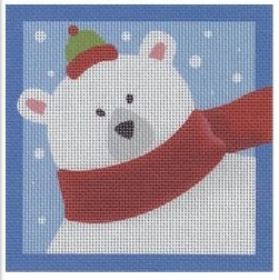 Pepperberry square needlepoint canvas of a polar bear wearing a scarf and a tiny hat in the snow
