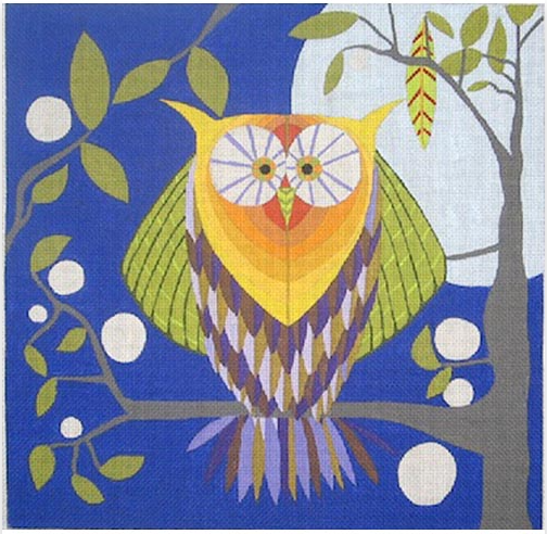 Zecca bright and vibrant needlepoint canvas of a rainbow owl in a tree under the full moon