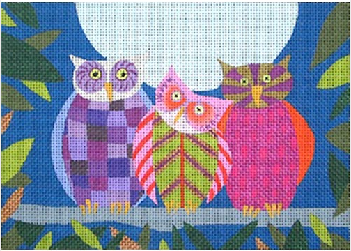 Zecca bright and vibrant needlepoint canvas of three owls on a branch under the full moon